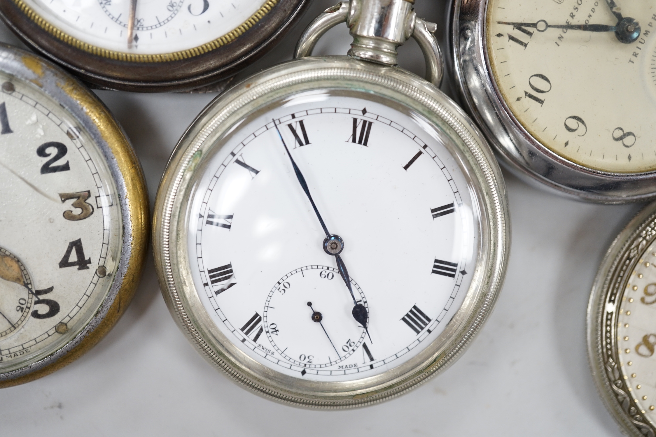 Ten assorted base metal pocket watches including Omega, Waltham and Ingersoll.